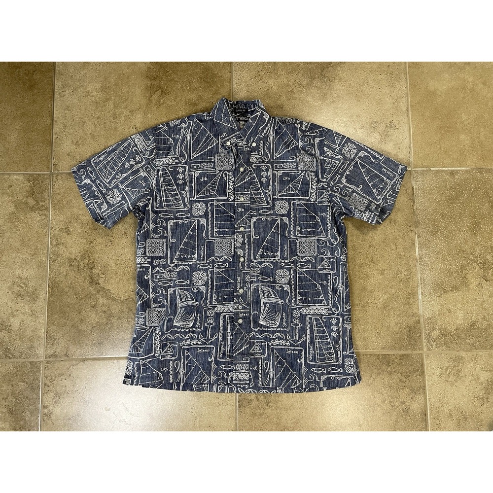 Vintage Reyn Spooner Mens XS Blue "Newport Sailor" Reverse Print Aloha Button Up